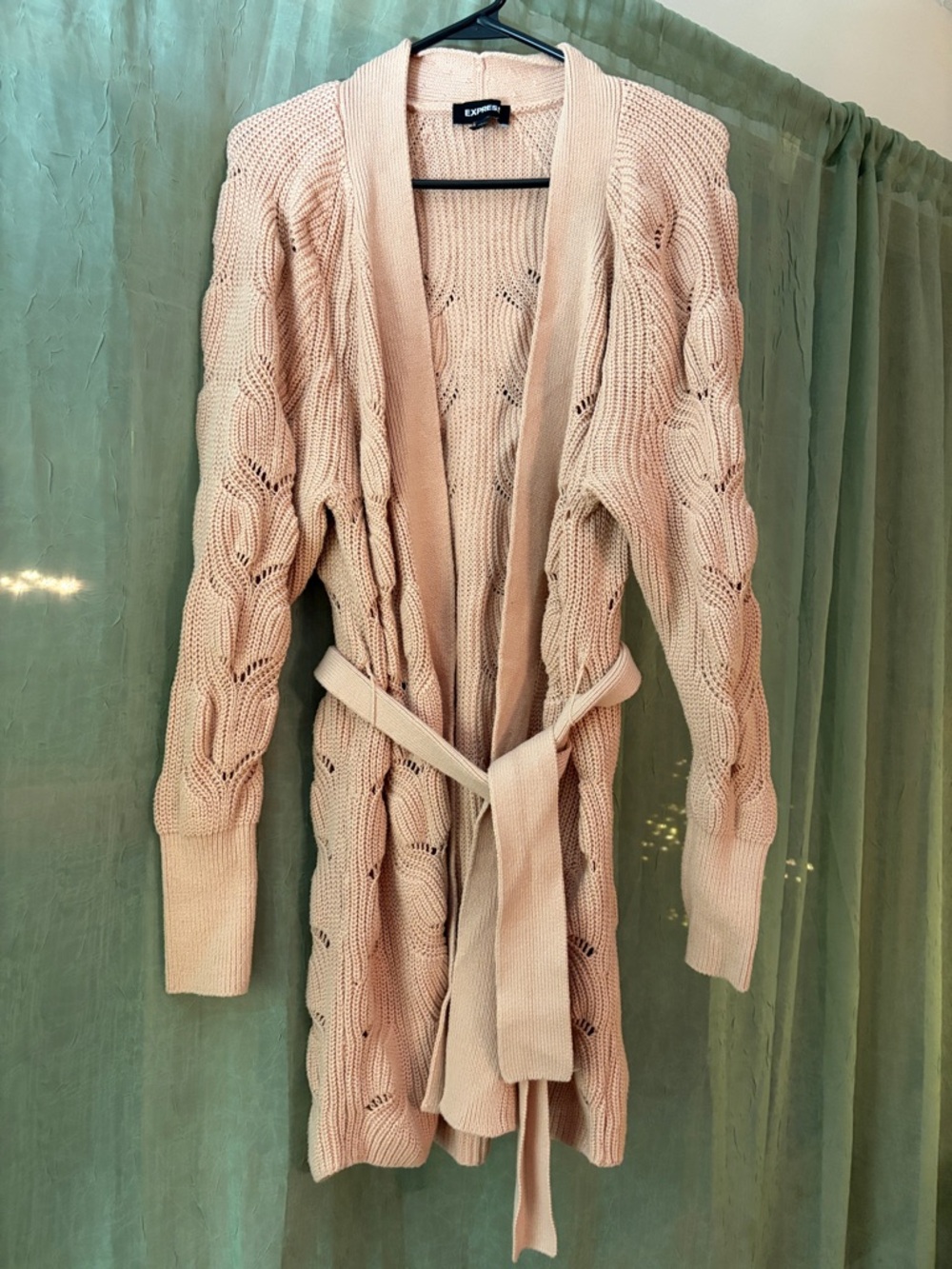 Express Blush Pink Cable-Knit Belted Cardigan